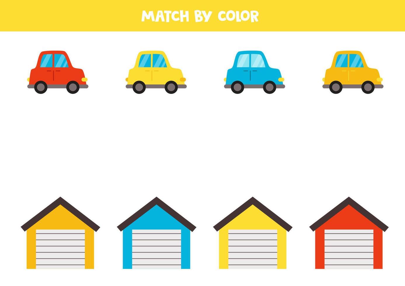 Color matching game for preschool kids. Match cars and garages by colors. vector