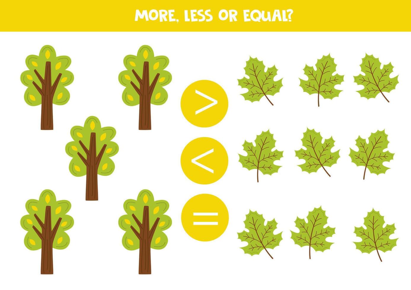 More, less, equal with cartoon trees and leaves. Colorful worksheet. vector