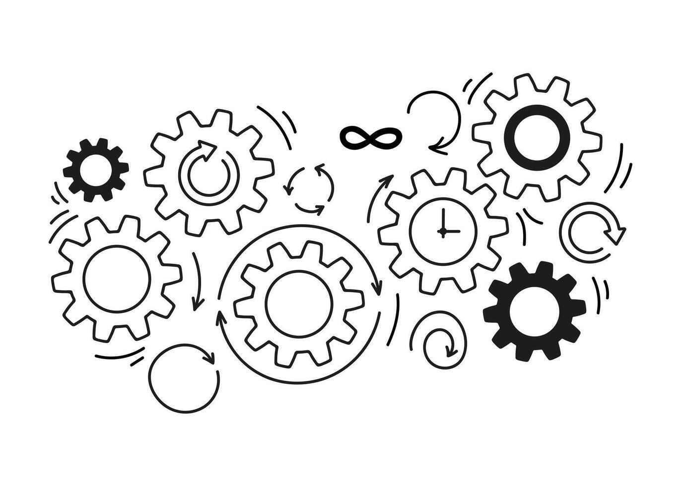 Gear wheels doodle concept time and business process vector