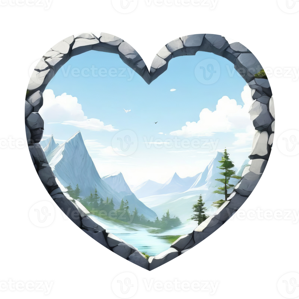 A heart shaped window with mountains and trees png