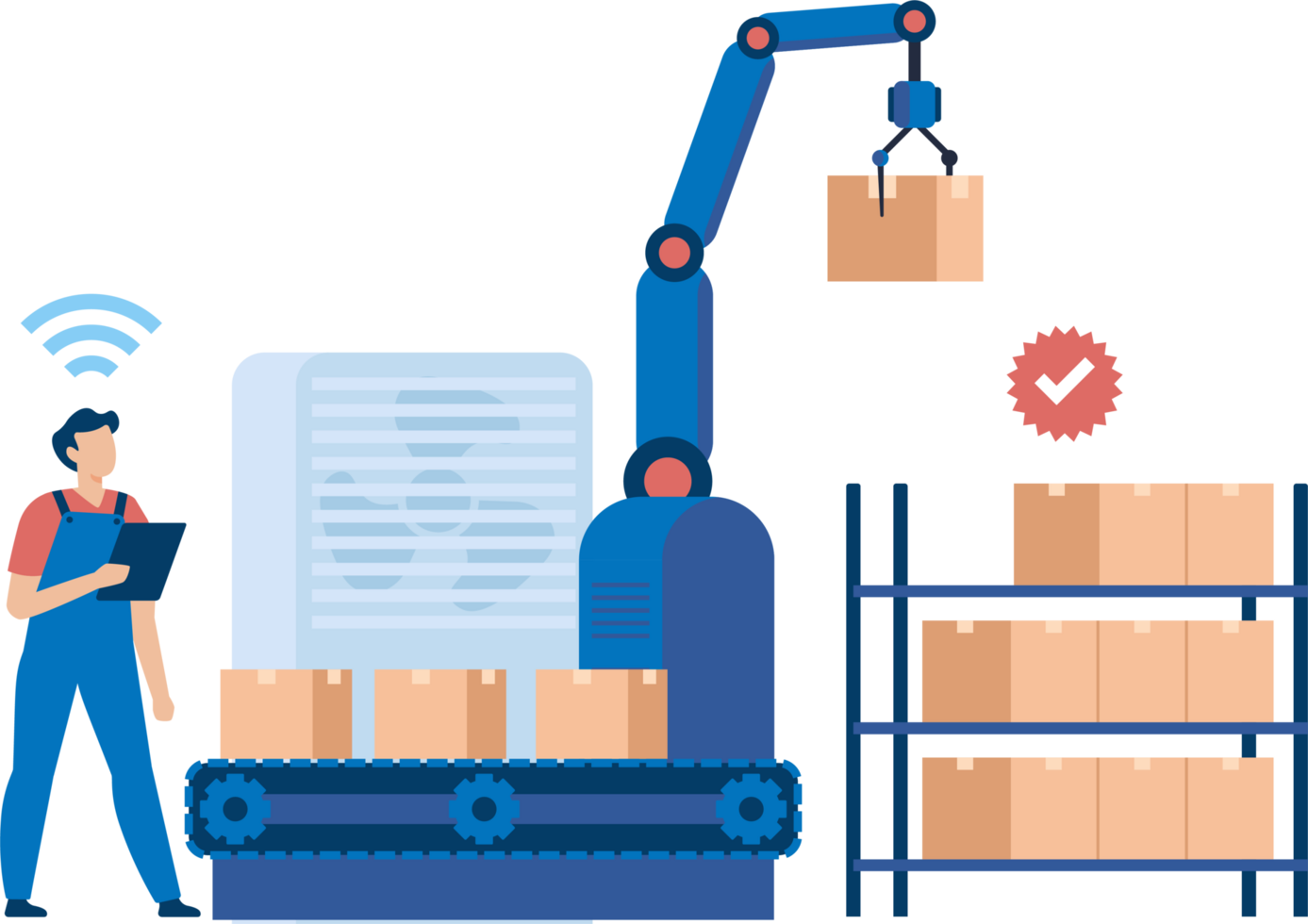Warehouse Worker Operating Robotic Arm for Sorting Packages in Automated Shipping Process. Illustration png