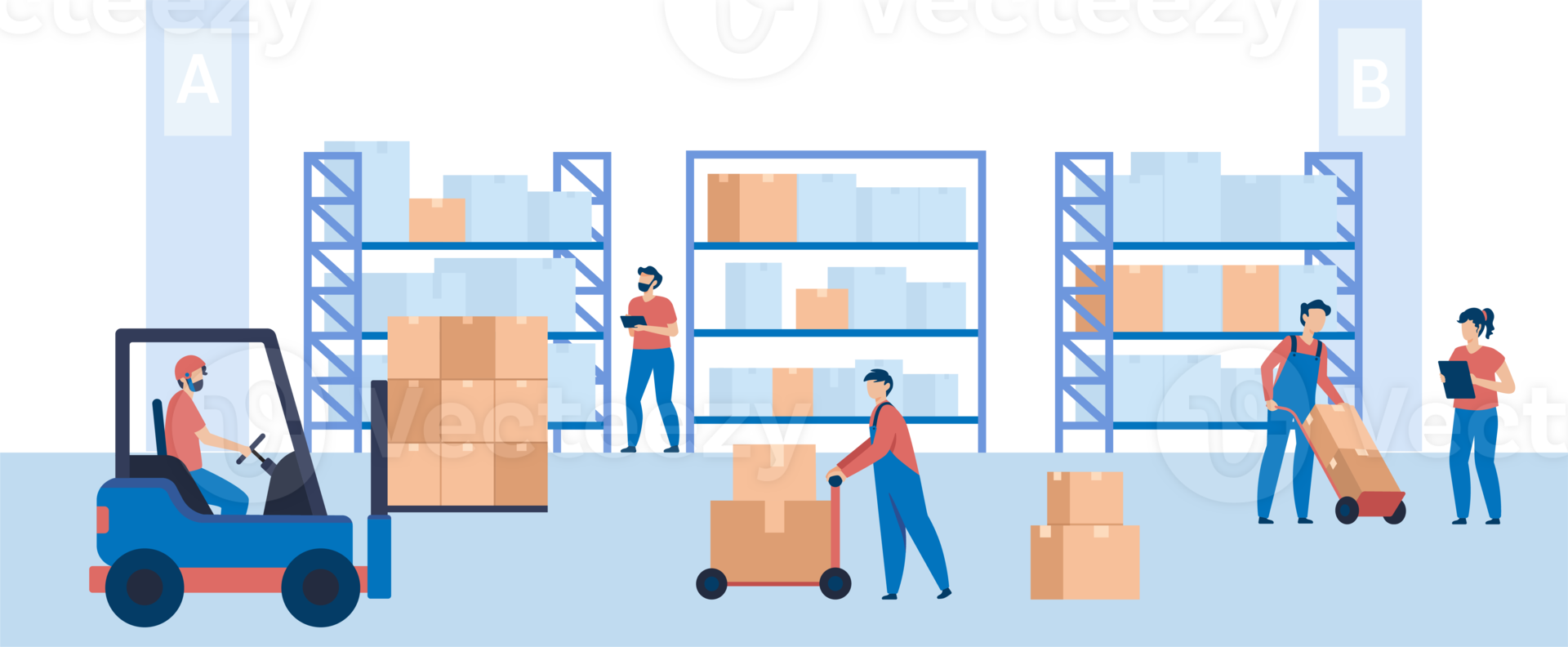 Warehouse Workers Managing Inventory and Operating Forklifts for Efficient Logistics Operations. png