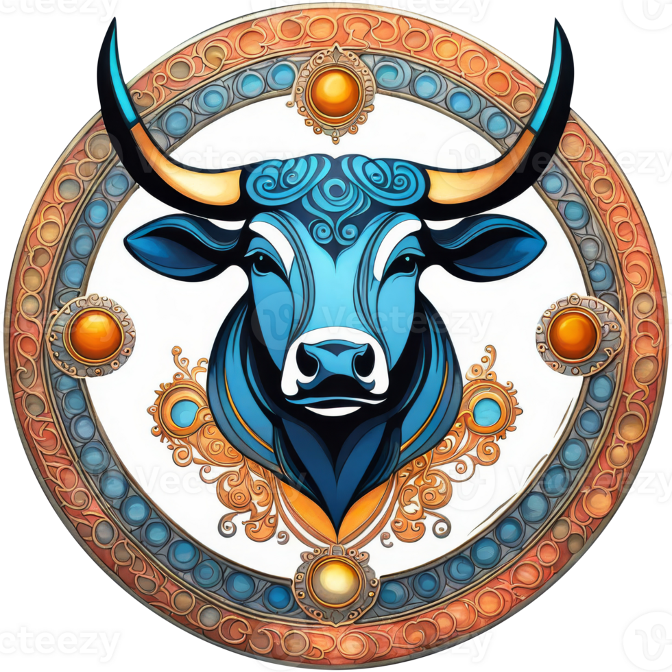 Taurus bull in ornate round frame with blue and orange colors png