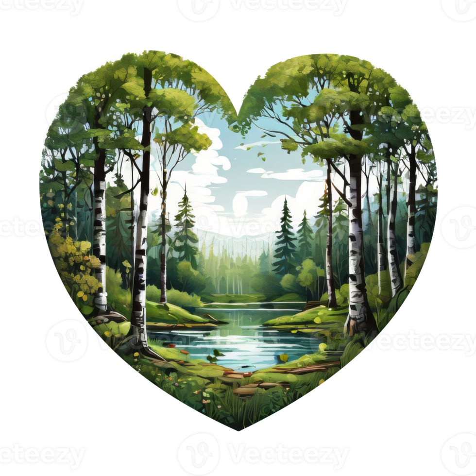 A heart shaped painting of a forest with trees and water png
