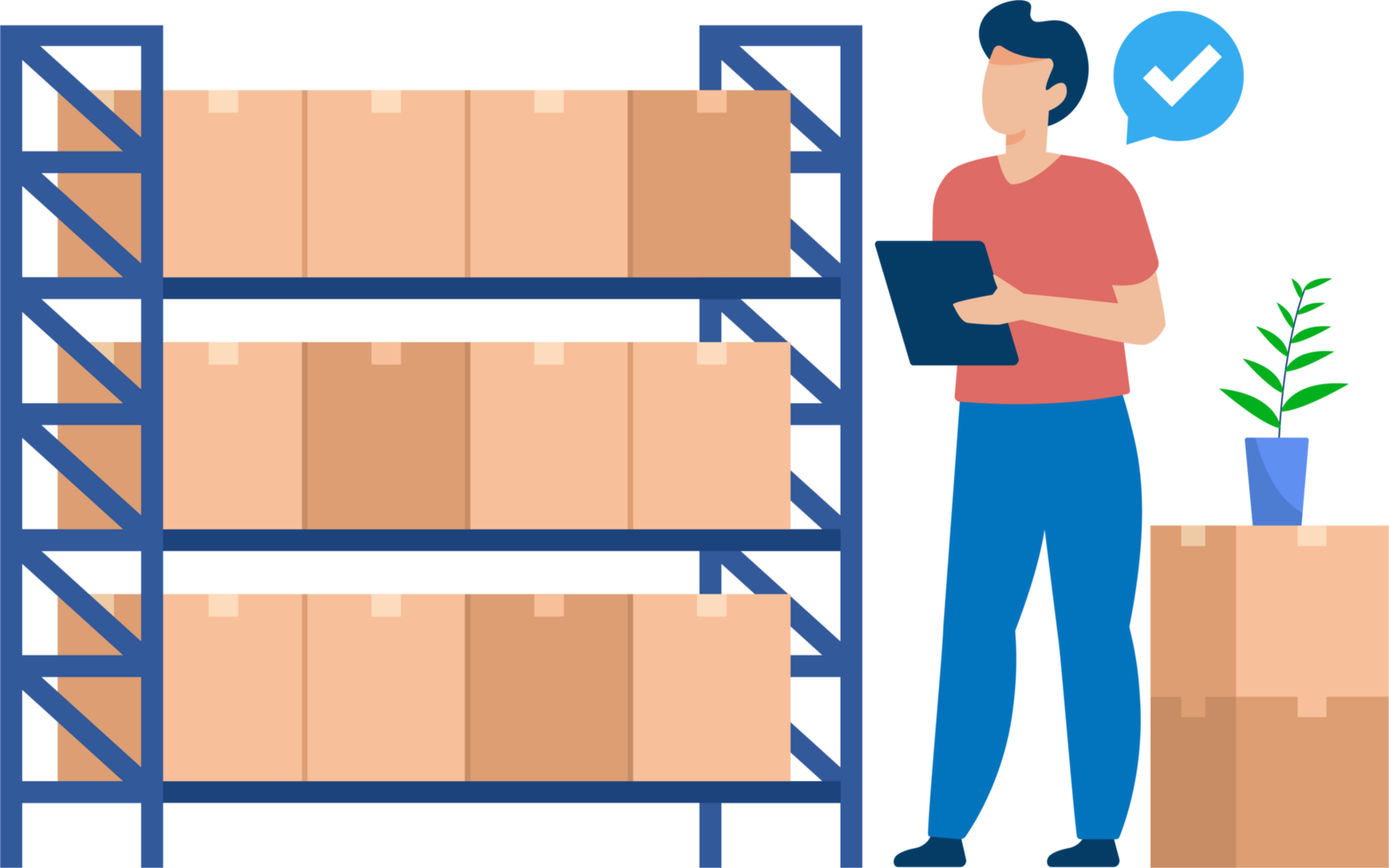 Warehouse Worker Checking Packages on Shelves. Efficient Inventory Management. Illustration png