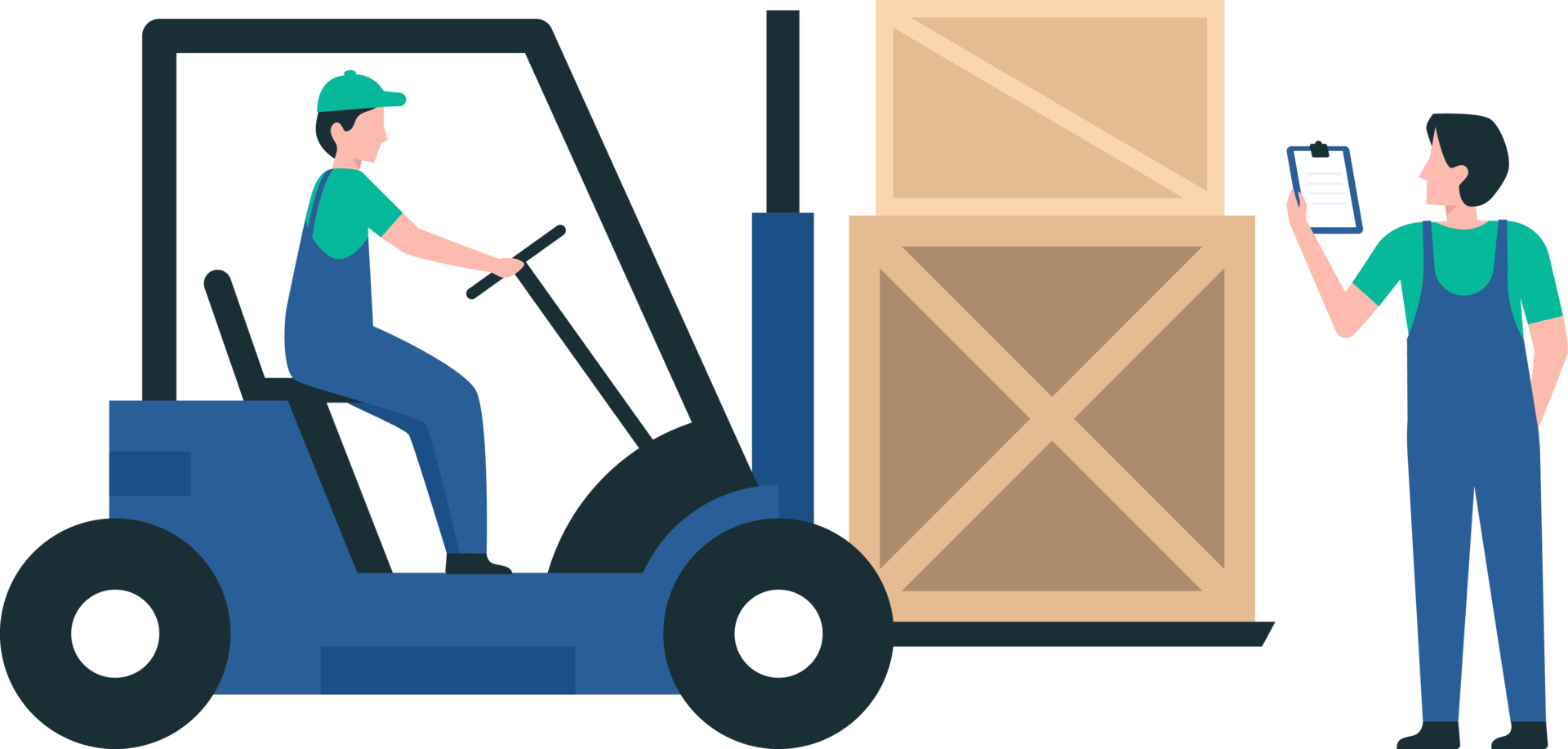 Warehouse Staff Moving Pallets and Organizing Boxes for Shipping. Operating Forklifts for Efficient Logistics. png