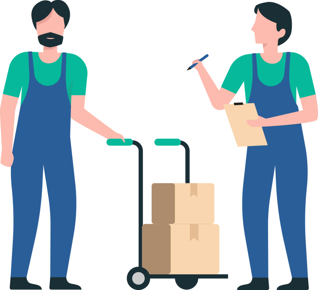 Efficient Warehouse Team Managing Stock and Handling Boxes. Employee Moving Boxes with Cart in a Logistics Warehouse. png