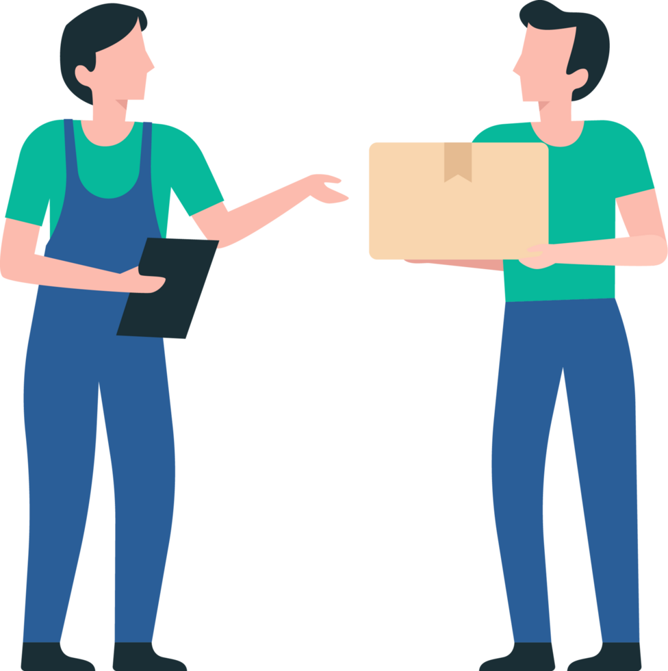 Warehouse Employees Moving and Stacking Boxes for Distribution. Logistics workers are checking goods. png