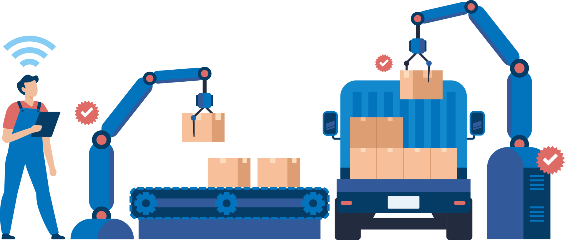 Automated Logistics Hub with Smart Inventory Management. Warehouse Crew Operating Packaging Machine for Efficient Product Handling and Distribution. Illustration png