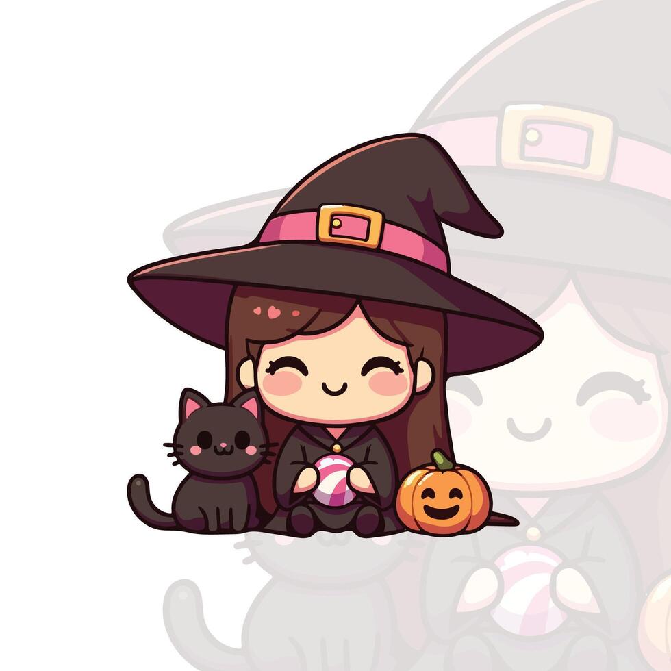 Chibi Witch with a Black Cat on Her Hat vector