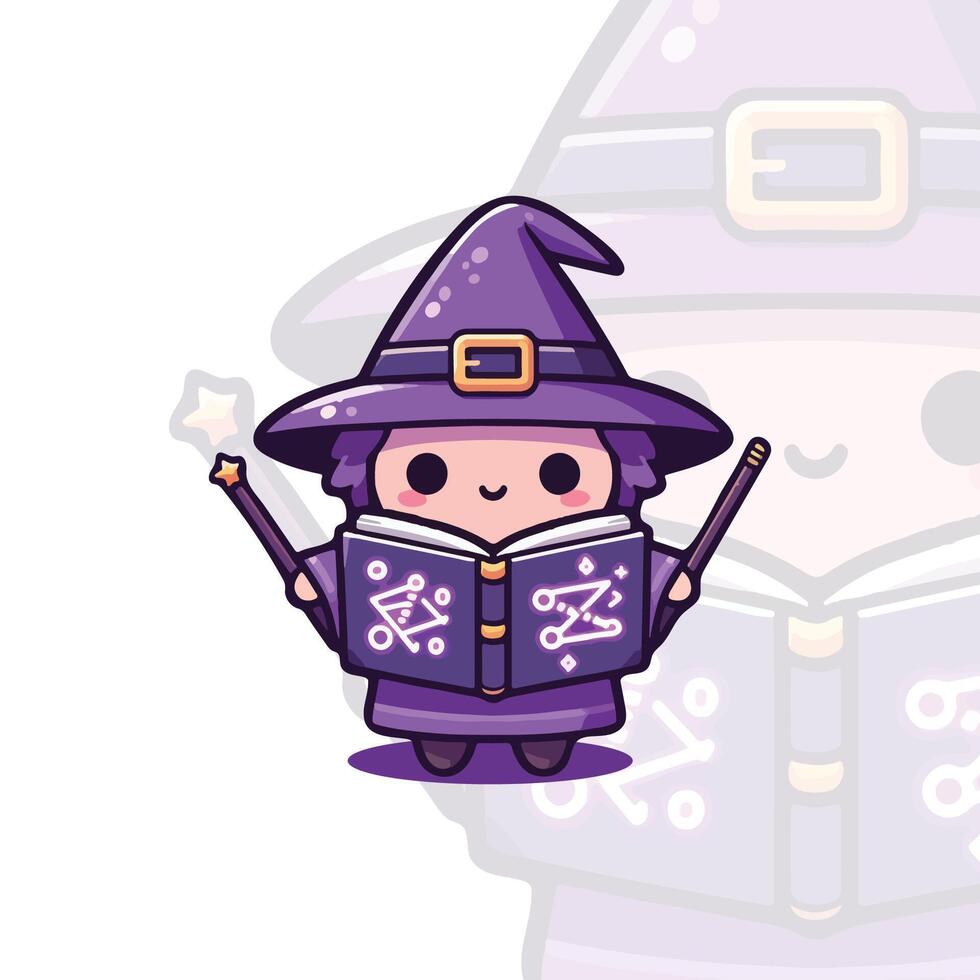 Tiny Wizard with a Magic Spell Book vector