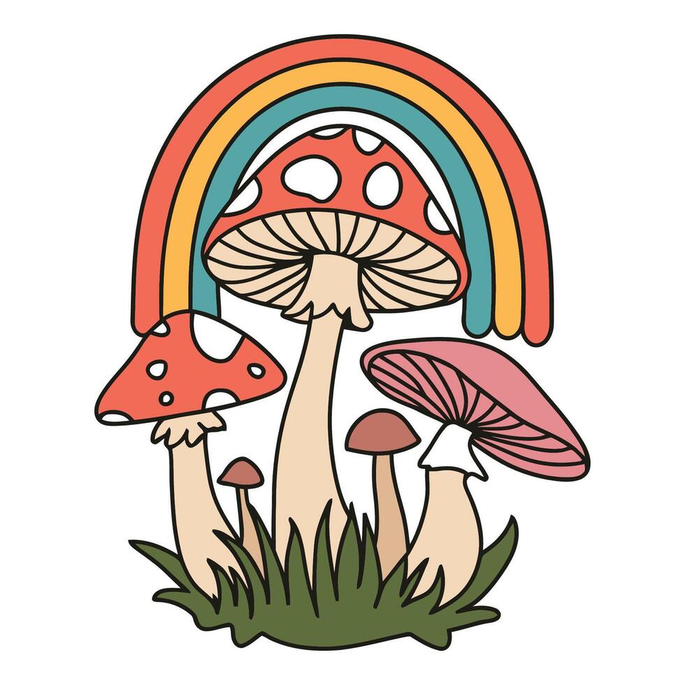 Colorful rainbow and mushrooms in grass illustration vector