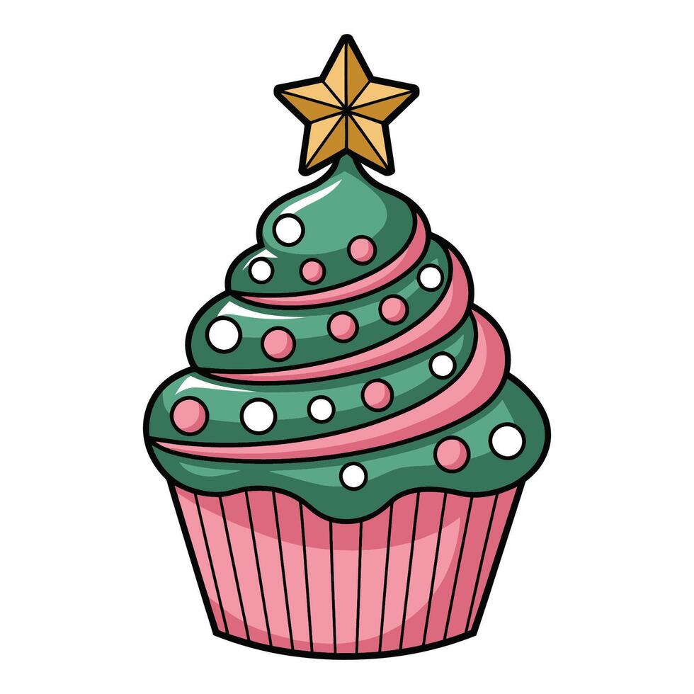 Christmas tree cupcake with star decoration vector