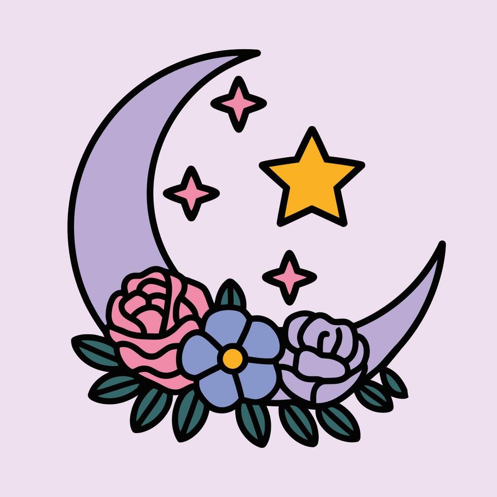 Purple Crescent Moon with Roses and Stars Illustration vector