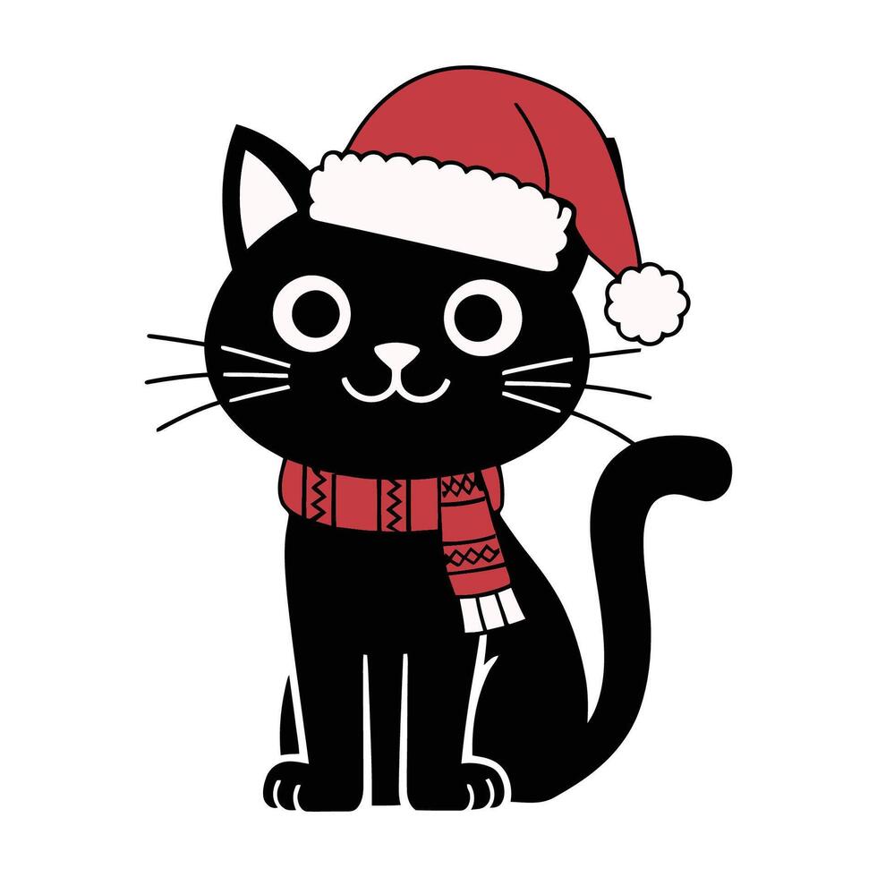 Black Cat in Santa Hat and Scarf Illustration vector