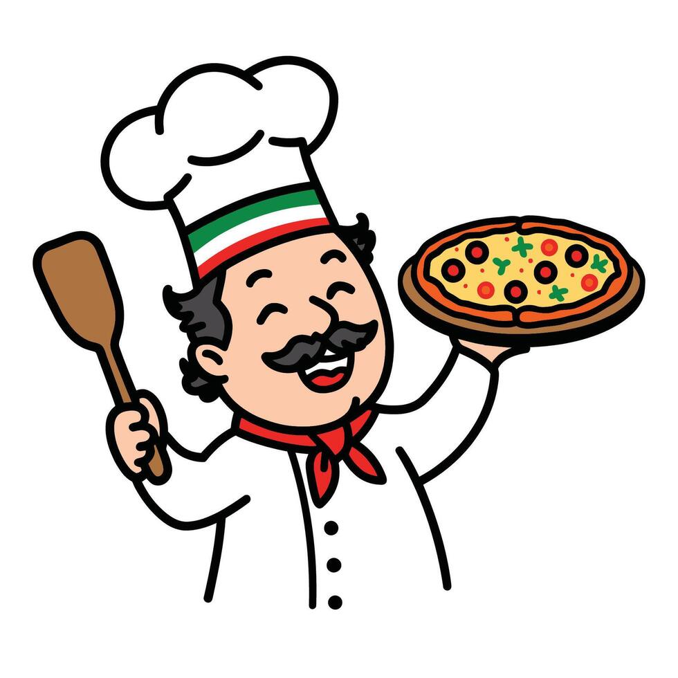 Smiling Italian pizza chef character holding pizza illustration vector