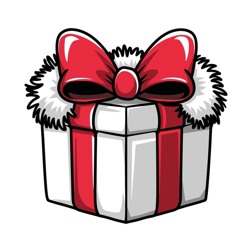 Festive gift box with red bow and fur accents illustration vector
