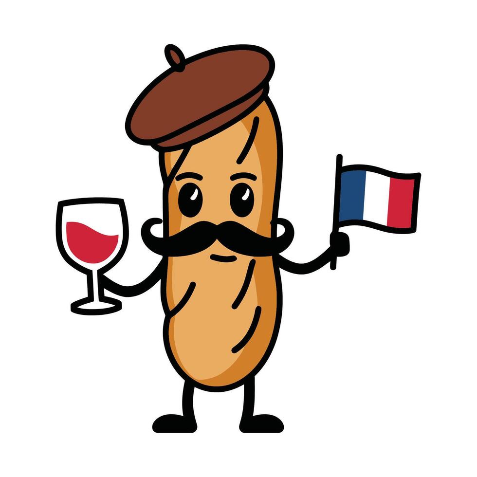 French baguette character with wine and flag illustration vector