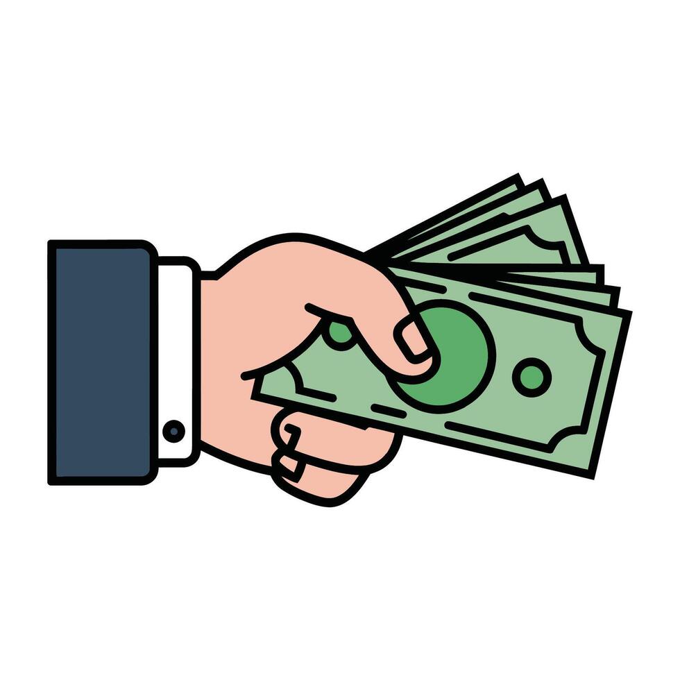 Hand Holding Stack of Green Dollar Bills in Cartoon Style vector