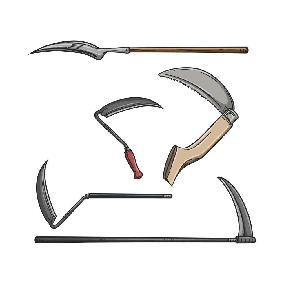 Gardening scythe tools set illustration vector