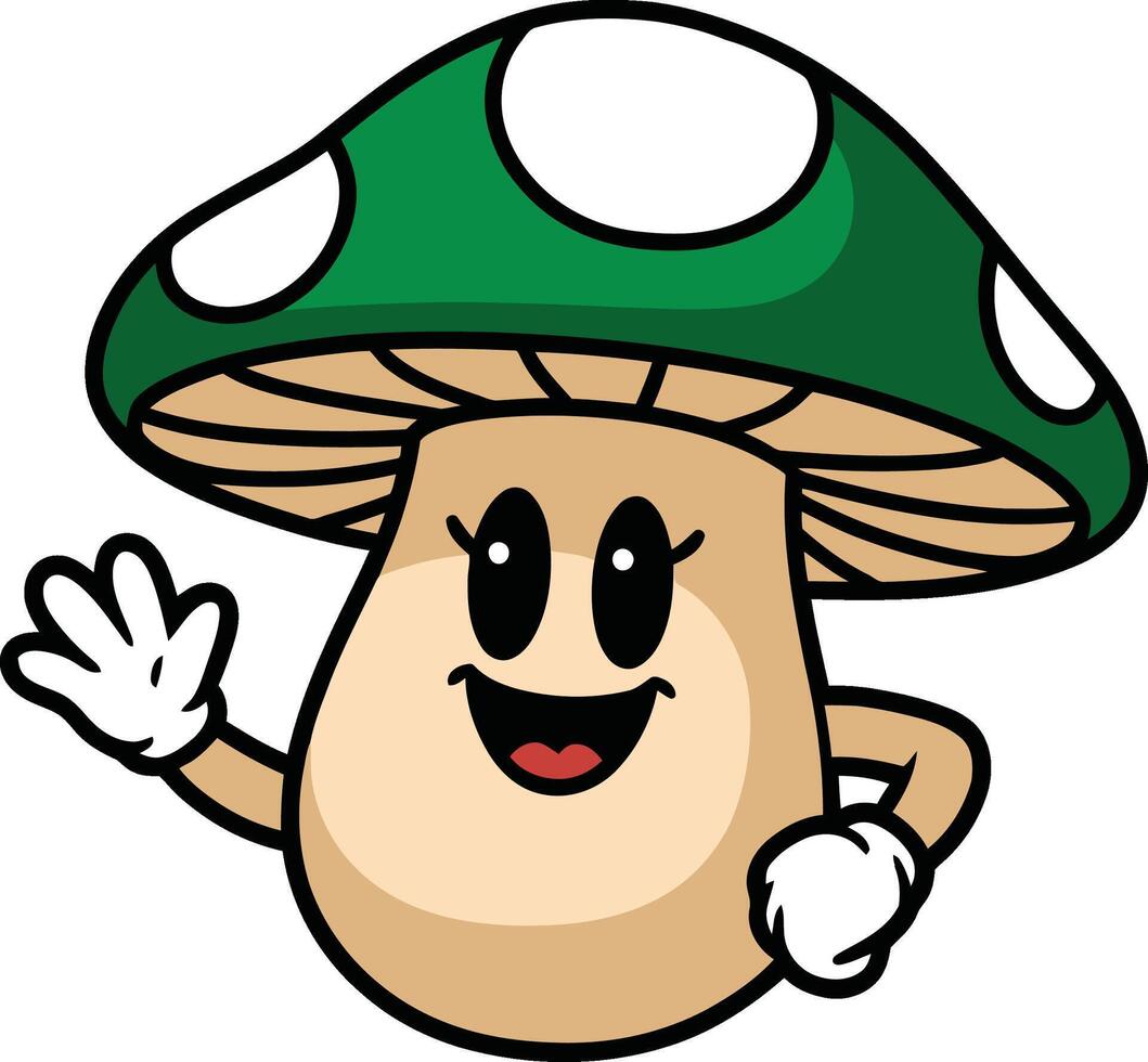Cute smiling mushroom character waving illustration vector