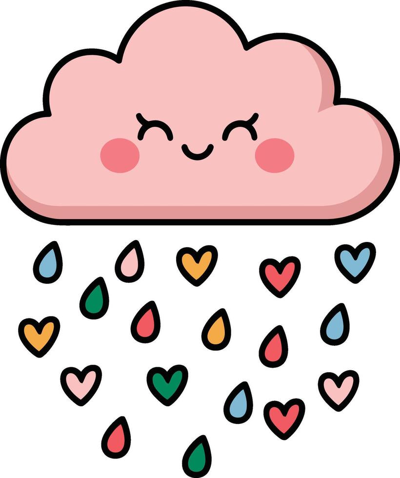 Smiling Pink Cloud with Colorful Hearts Rain Cartoon Illustration vector