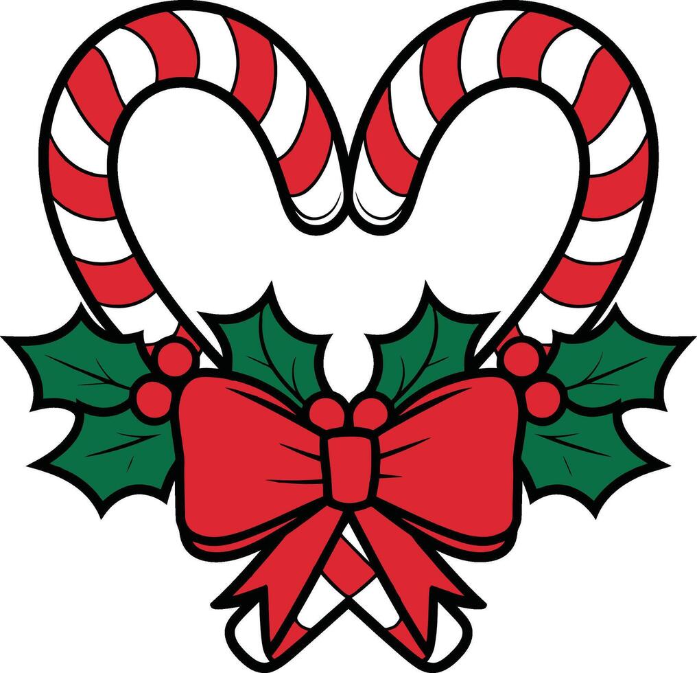 Festive Heart-Shaped Candy Canes with Bow and Holly for Christmas vector