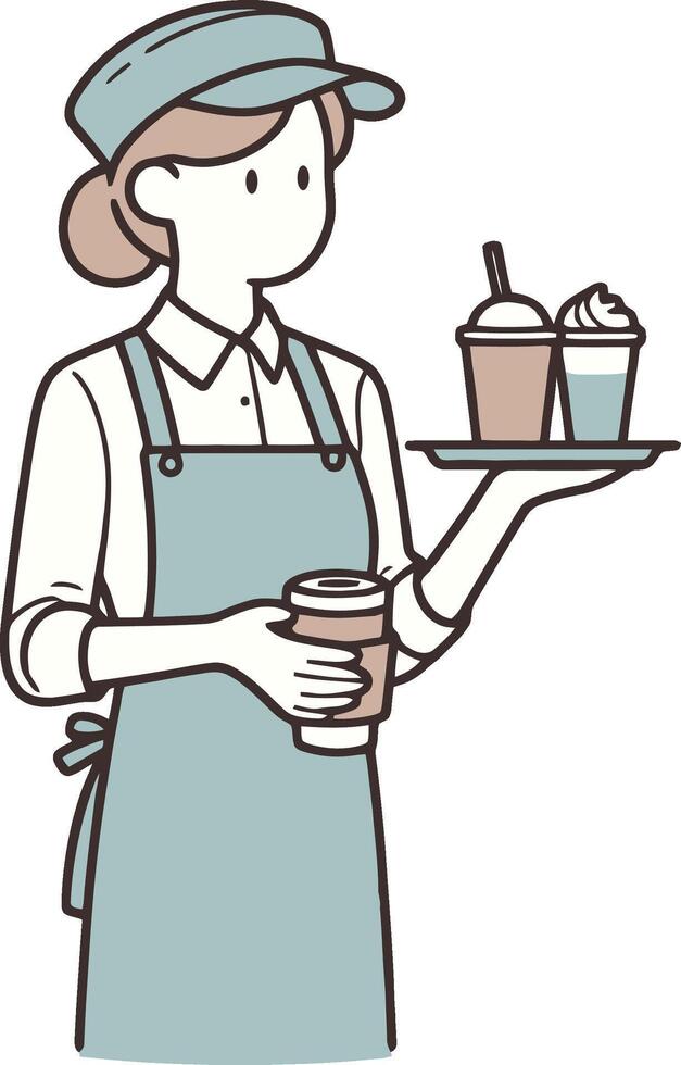 A woman in an apron holding a tray with coffee and a cup vector