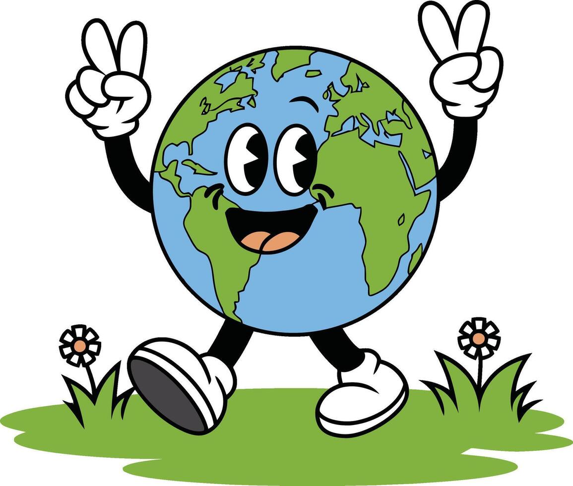 Cartoon Earth Walking with Peace Signs Illustration vector