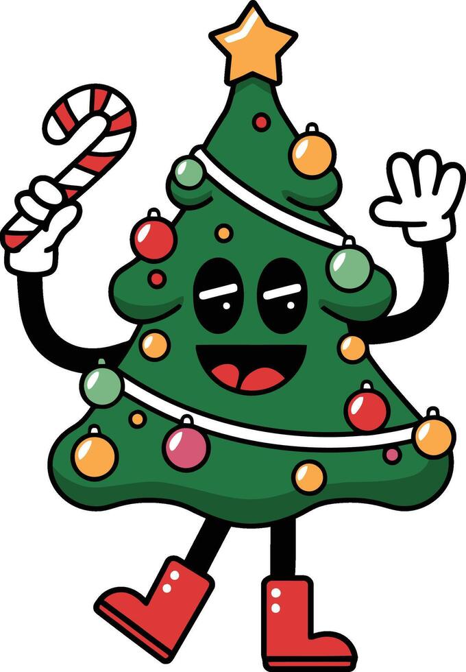 Dancing christmas tree with candy cane and ornaments illustration vector