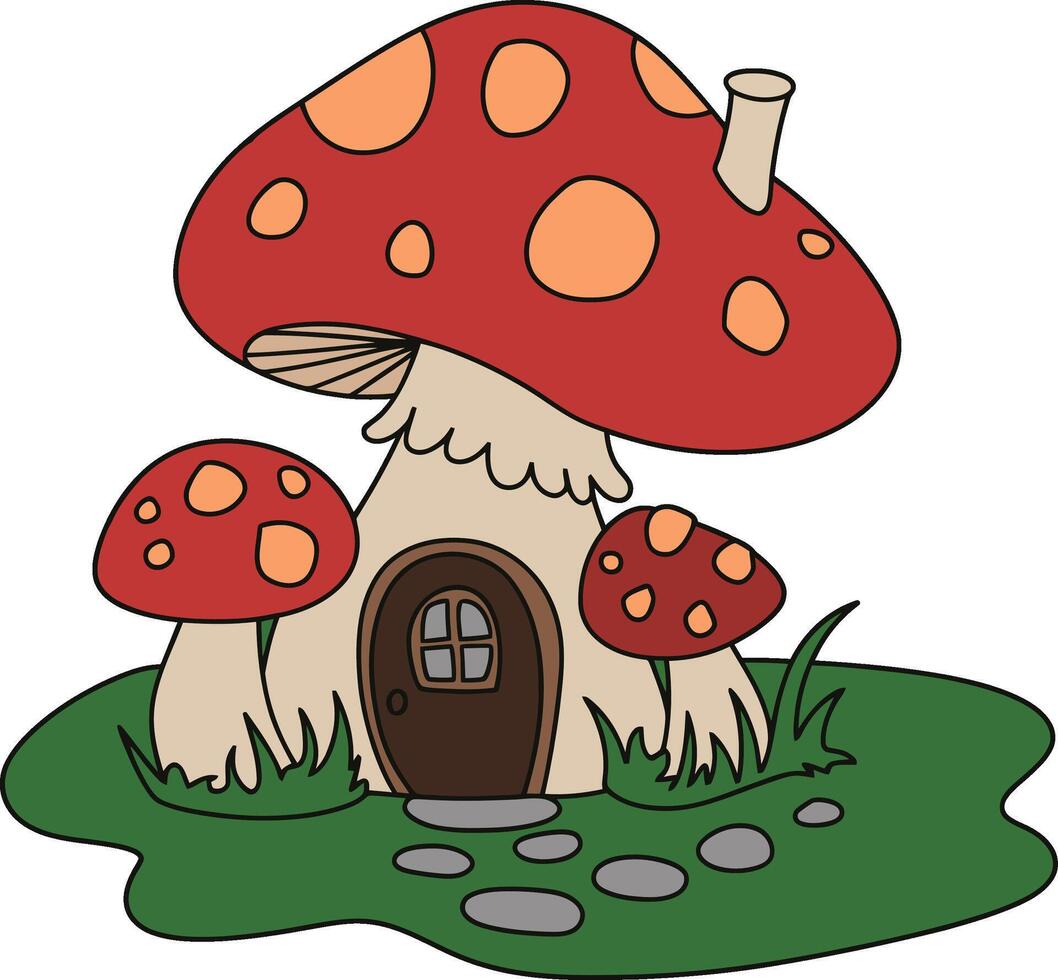 Magical Mushroom House with Stone Path and Green Grass Illustration vector