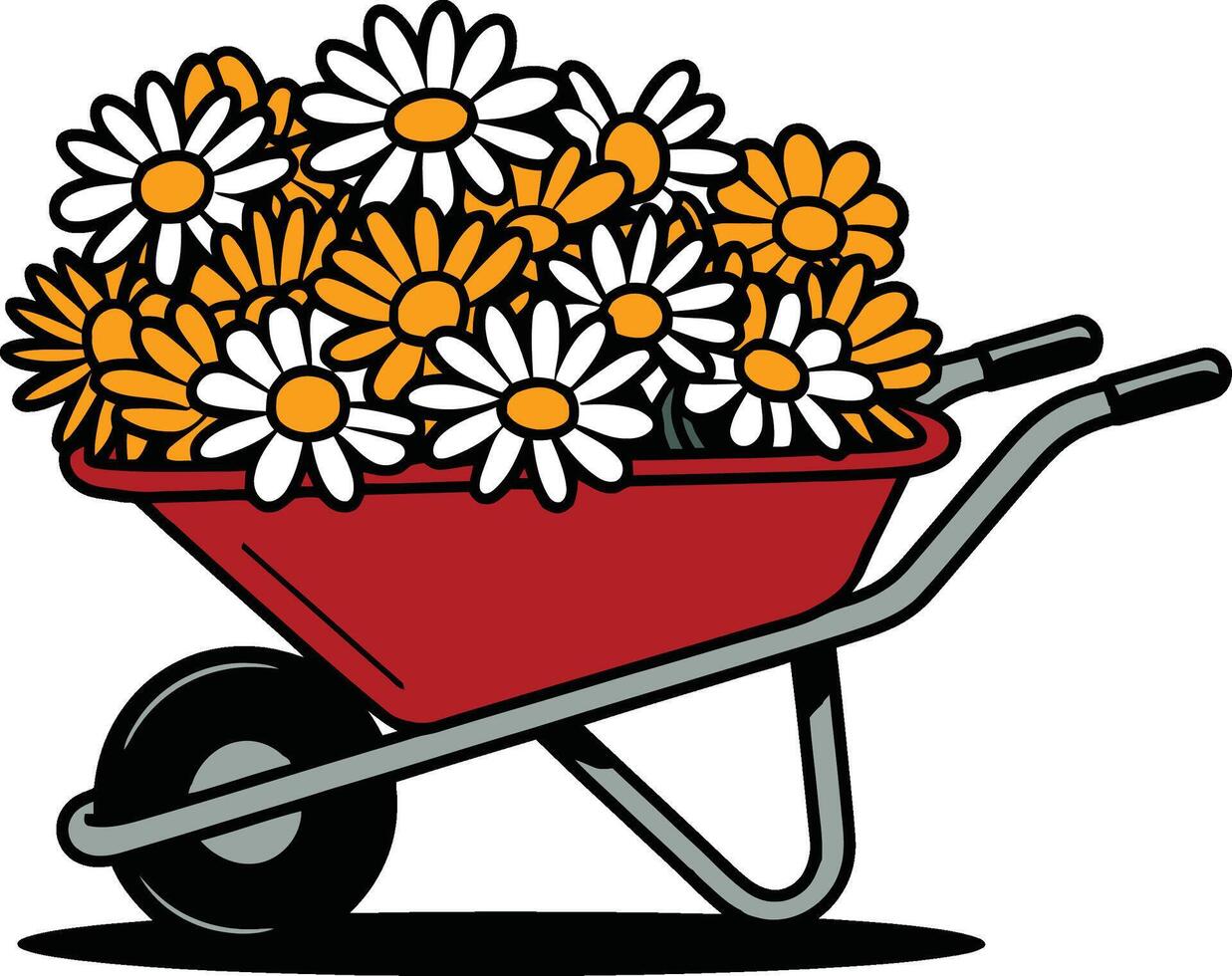 Red Wheelbarrow with White and Yellow Daisies Illustration vector
