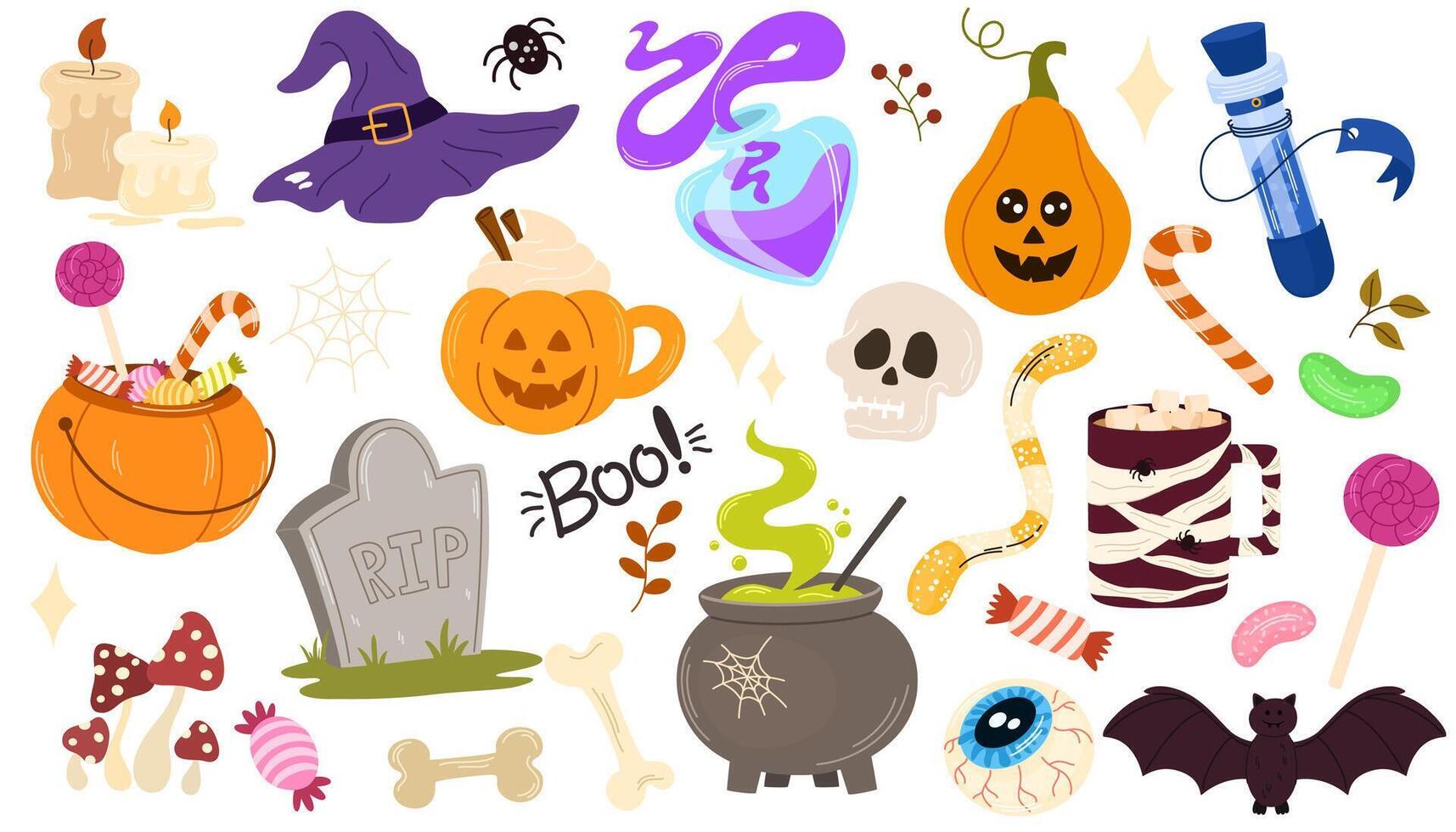 Cute kids Halloween set. Happy pumpkin, bat, skull cupcake candy and witch potion. October holiday stickers, design elements bundle. Isolated flat illustrations vector