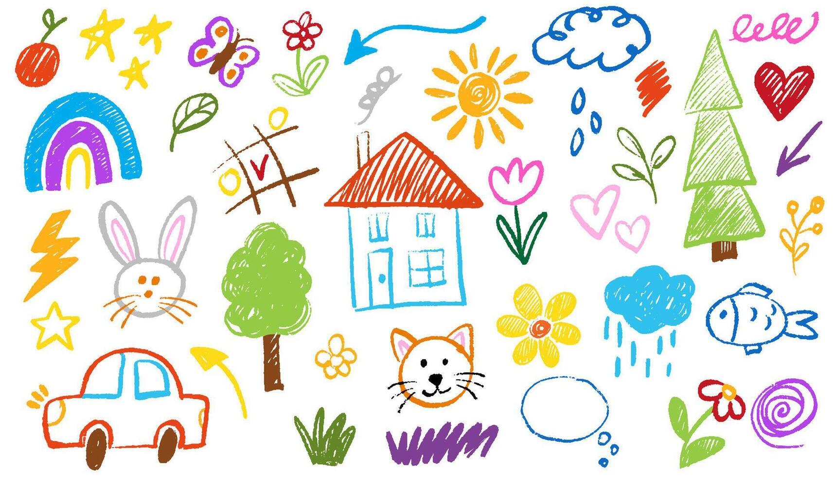 Kids drawing illustration. Collection of cute children's drawings of kids, animals, nature, objects. Hand drawn doodle color pencil naive sketch children cute school chalk background. vector