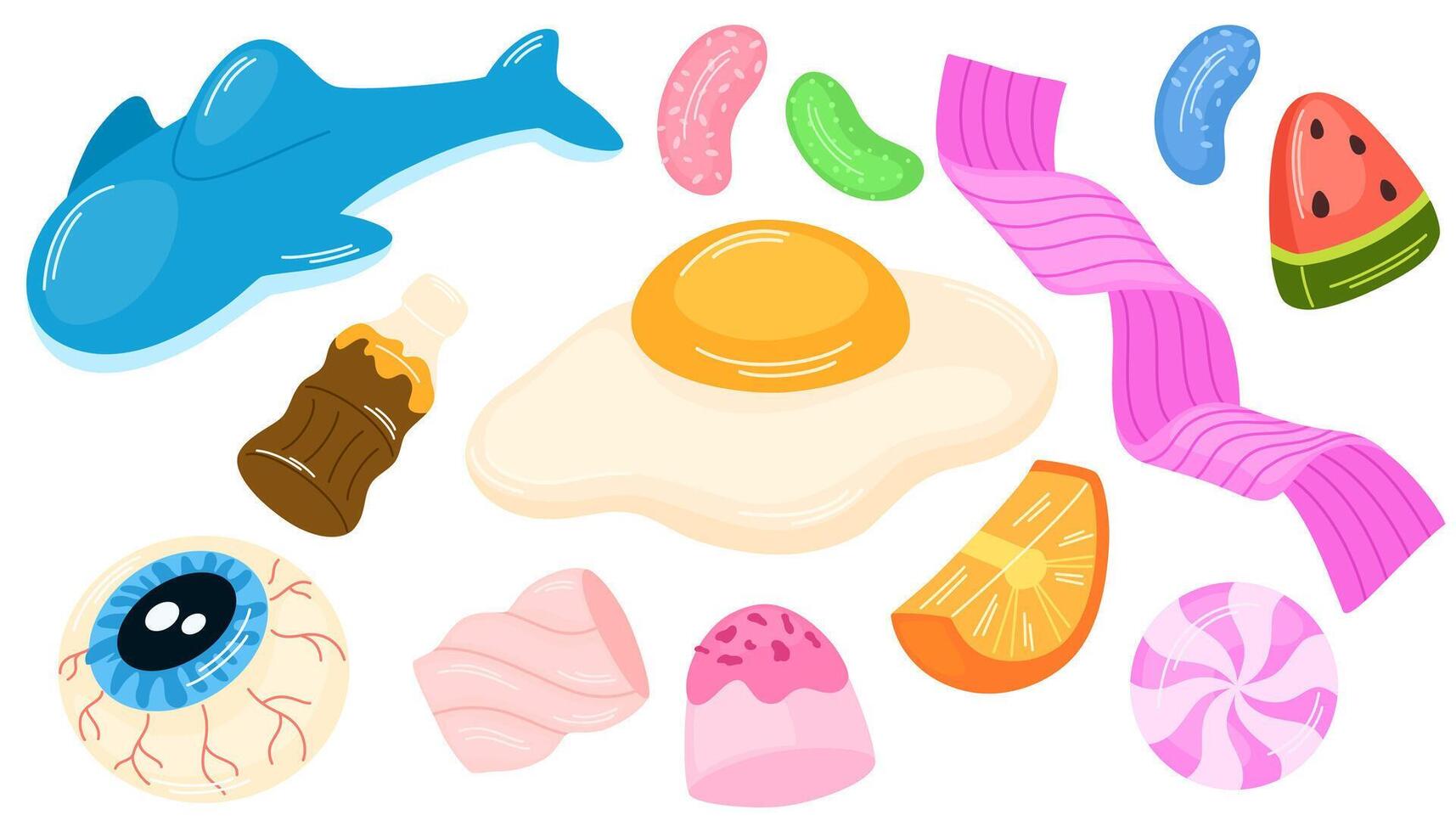 Gummy candies set. Chewy jelly bears, worms, egg, lips and bottle. Sweet funny confectionery, chewing snacks. Sugar fruit treats, gum confections. Flat illustration isolated on white background vector