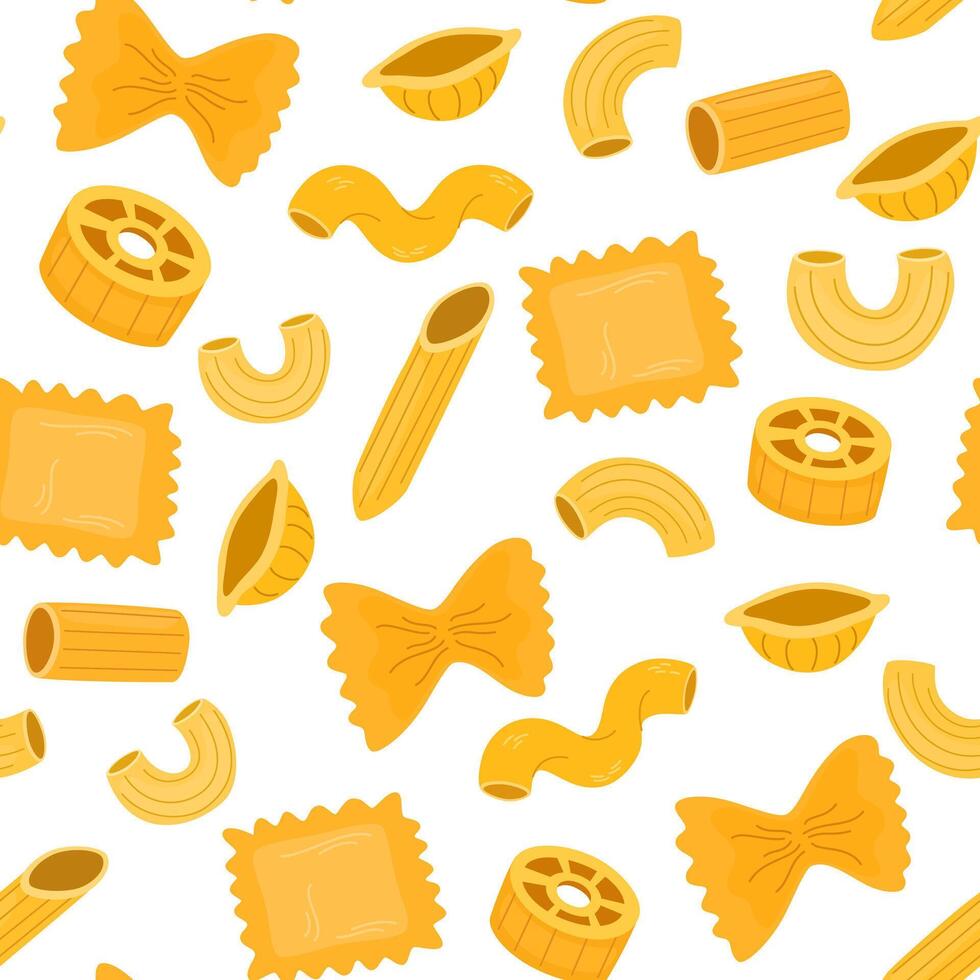 Seamless pattern with different pasta types. Noodles different shapes, spaghetti and penne. Traditional cuisine italy, racy, homemade products. Flat illustration isolated vector