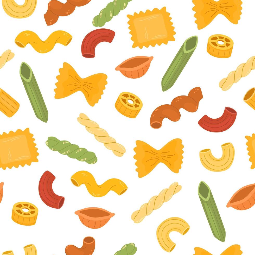 Seamless pattern with different types of pasta. Noodles of various shapes, spaghetti with spinach, lentils and chickpeas. Traditional Italian cuisine, spicy homemade products. Flat illustration vector