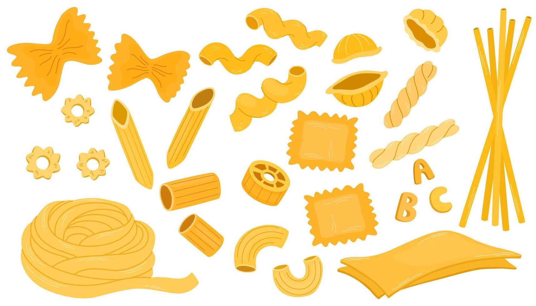 Various italian pasta types. Noodles different, lasagne, spaghetti and penne. Traditional cuisine italy, racy, homemade products. Flat illustration isolated on the white background vector