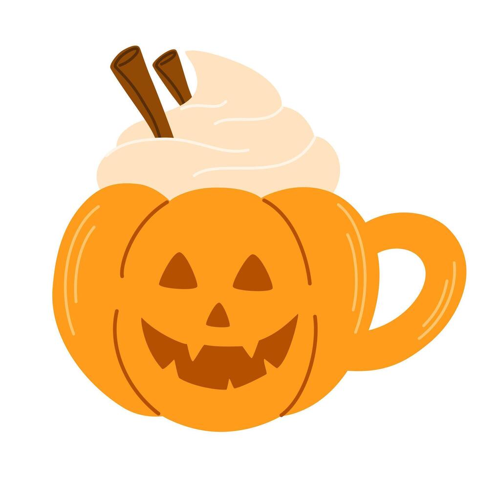 Halloween mug. Pumpkin with whipped cream and cinnamon for hot cocoa, coffee and tea. Flat cartoon illustration isolated on the white background vector