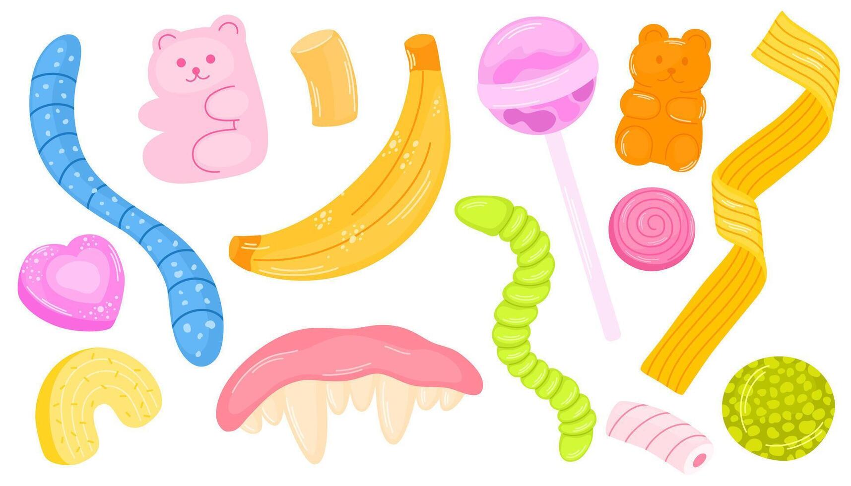 Gummy candies set. Jelly bean, chewy egg, worm, claws and teeth. Funny sweet snacks, kids gum confections. Confectionery, treats. Flat illustration isolated on white background vector