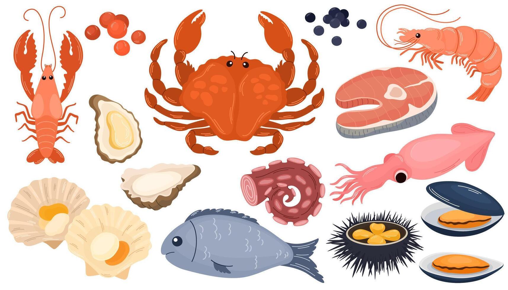 Cartoon raw seafood. Sea fish gourmet food, crayfish squid shrimp salmon crab trout shellfish, lobster, ocean red meat recipe, healthy meal fresh tuna neat. illustration isolated vector