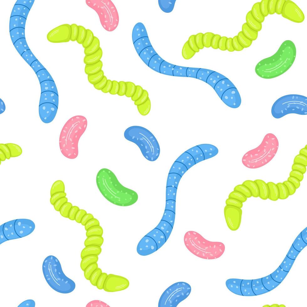 Seamless pattern, gummy worms, jelly candies. Sweet chewy confectionery, gum treats, snacks, repeating print. Endless background design for wrapping, fabric, textile. Colored flat illustration vector