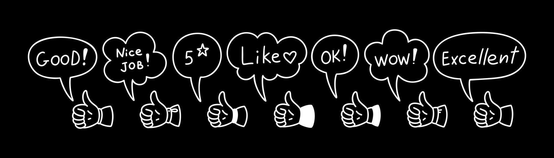 Thumb up doodle blackboard. Crayon scribble. Restaurant, cafe menu and chalkboard design element. Comic speech bubble set. Positive feedback. Like symbol vector