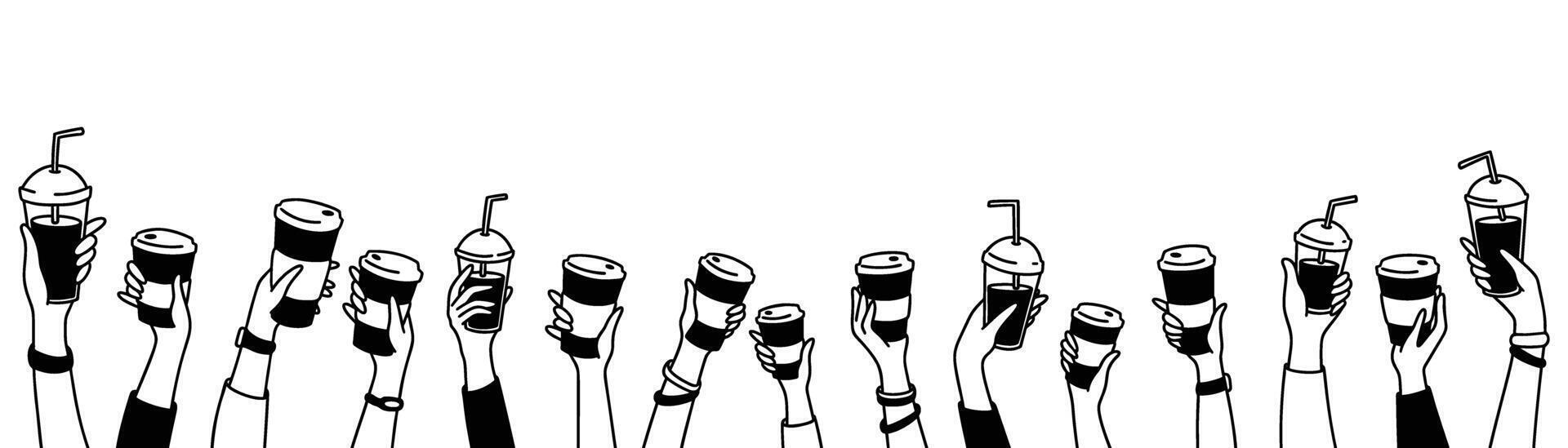 Doodle hands up with coffee. Crowd of people, men and children holding disposable glass and paper cups, mugs, cappuccino, latte, Frappuccino, espresso, matcha in their arms. Teamwork background vector