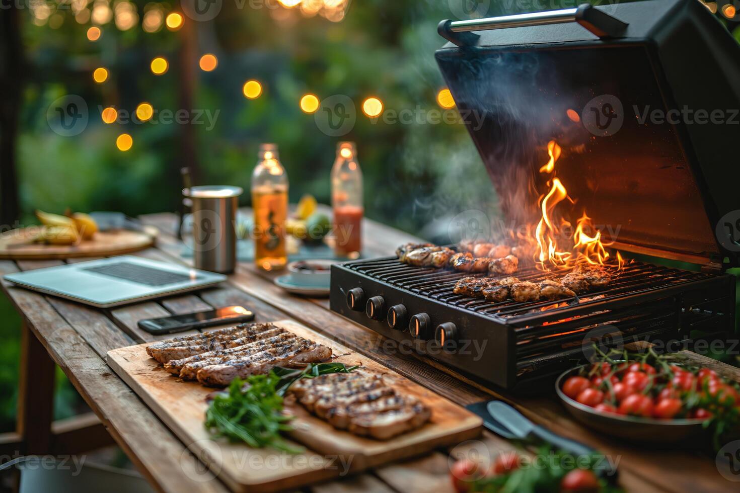 Outdoor grill with delicious food on a wooden table in the backyard during sunset photo