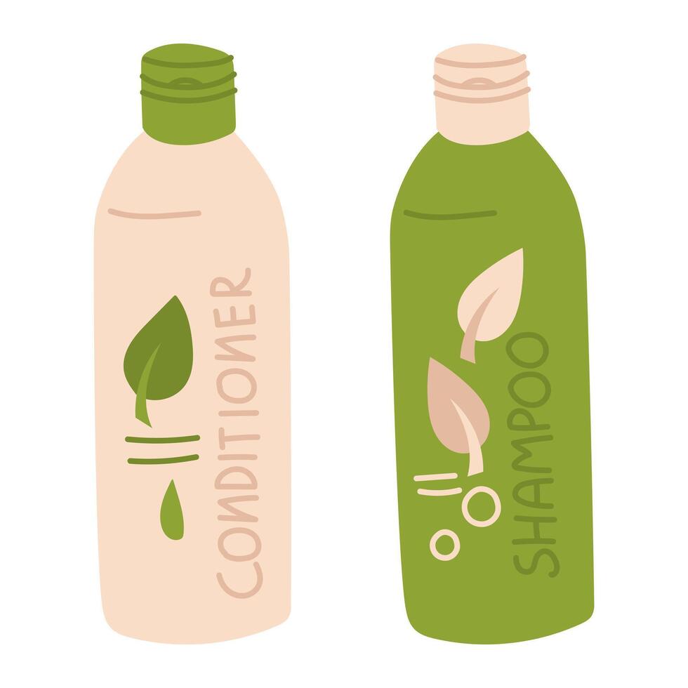 Cosmetics for hair care, highlighted on a white background. Shampoo, conditioner for washing hair, flat illustration. Flat bottles with the name and leaves. collection of steam to use. Green and beige vector