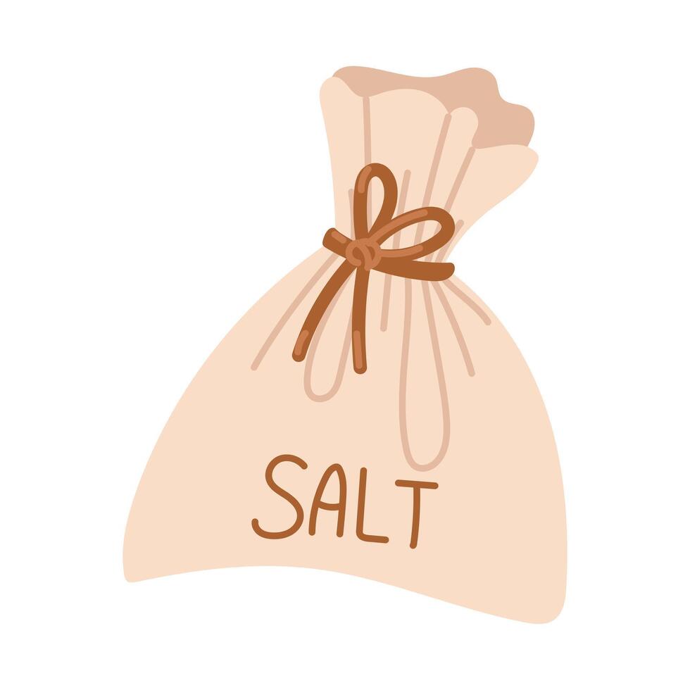 A bag with sea salt or a flat shape of a bag made of thick fabric with the inscription salt. A knotted burlap bag with large pieces of salt to warm up and spread the aroma when using aroma oils vector