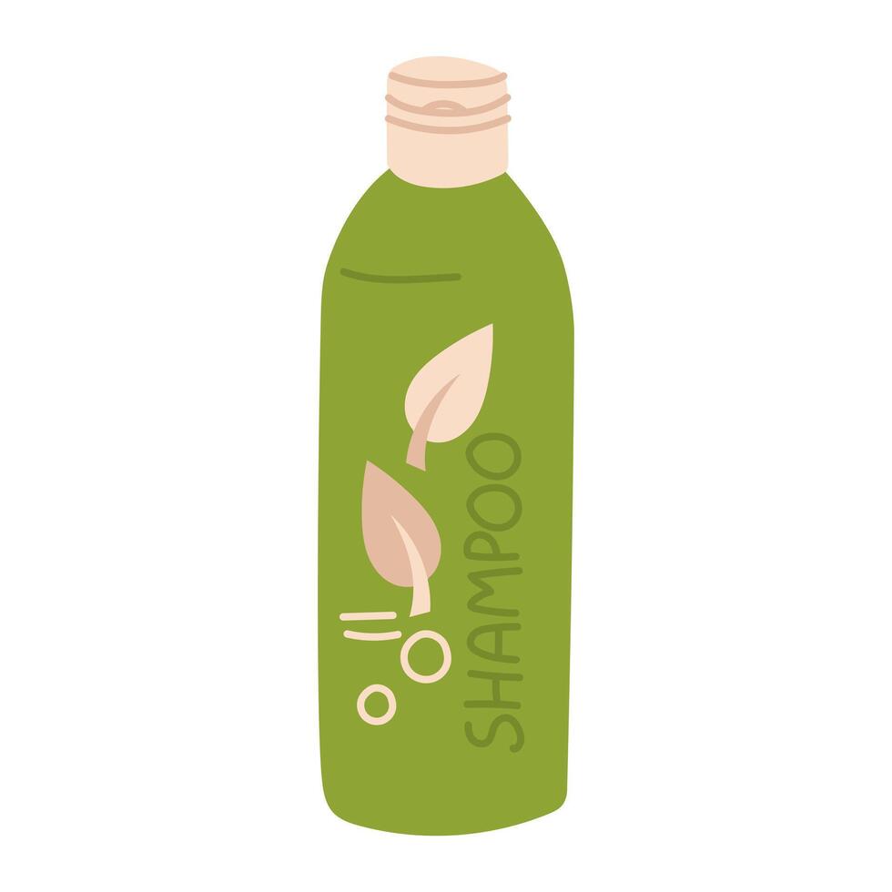 Cosmetics for hair care, highlighted on a white background. Shampoo for washing hair, flat illustration. A flat elongated bottle with a name and leaves. Green shape with the addition of beige vector
