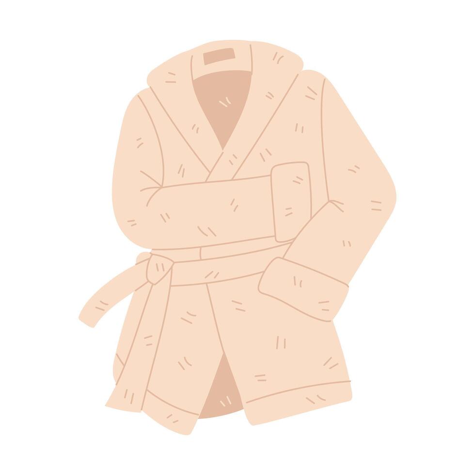 Terry bathrobe for bathing and showering, flat illustration highlighted on a white background. A delicate warm fluffy bathrobe or robe-cape with a belt. Flat illustration with doodle lines vector