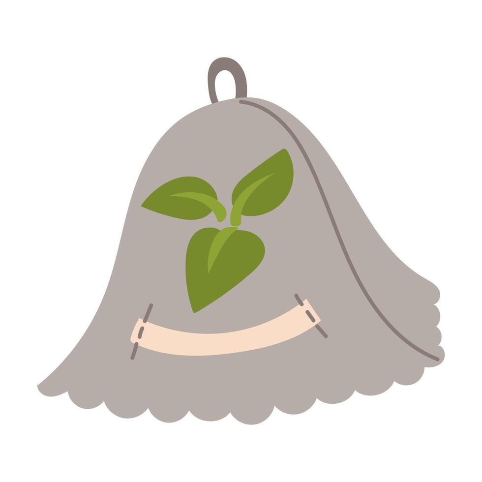 grey hat for a bathhouse with drawings of leaves. A head accessory for saunas, baths, steam rooms. The headdress is warm when steaming for a bath, an isolated object. Flat color illustration vector